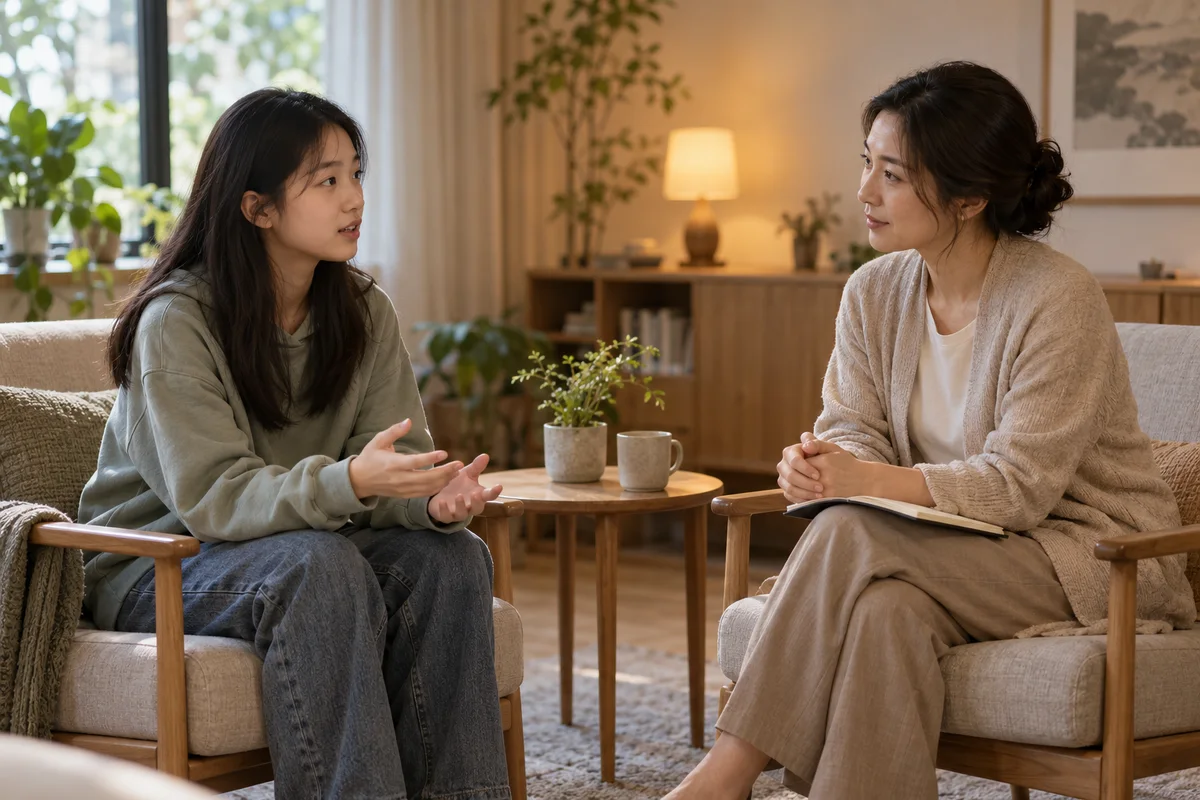 青少年与咨询师面对面交流，咨询师认真倾听